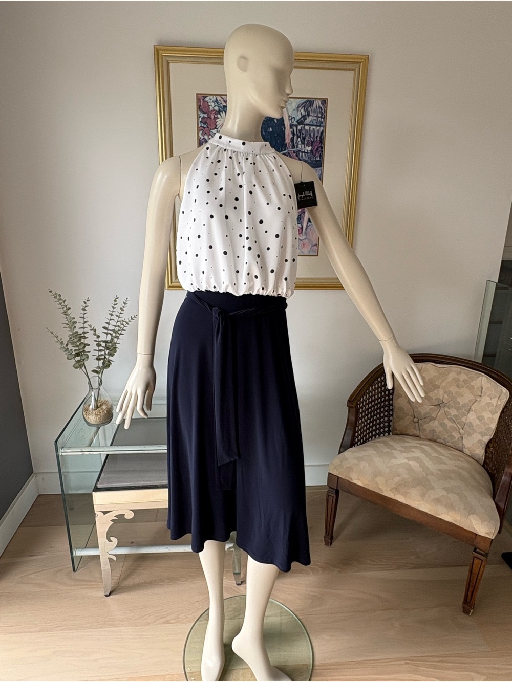 Joseph Ribkoff Polka Dot Halter Top Navy Midi Skirt Dress